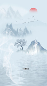 水墨山水画装饰画 日出