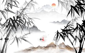 新中式水墨竹林风景背景墙壁画