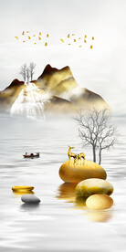 山水画装饰画 石头麋鹿