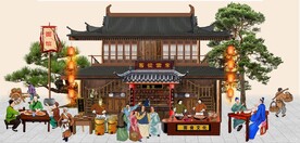 古代市井集市面馆背景墙壁画