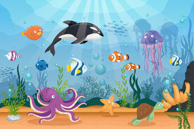 蓝色卡通黑鲸章鱼海底世界背景墙