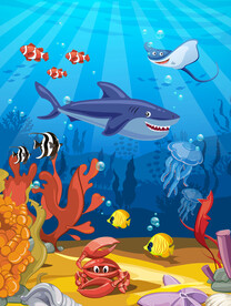 卡通鲨鱼珊瑚热带鱼海底世界背景