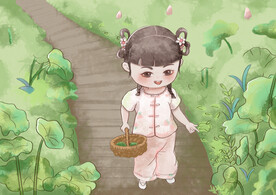 手绘水彩国风女孩荷叶荷花