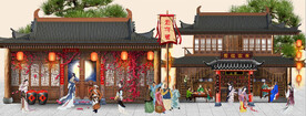古代市井集市饭馆背景墙壁画