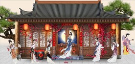 古代市井集市饭馆背景墙壁画