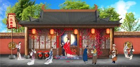 古代市井集市饭馆背景墙壁画