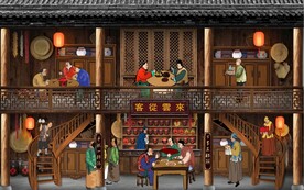 古代市井集市饭馆背景墙壁画