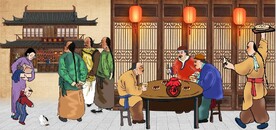 古代市井集市饭馆背景墙壁画