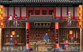 古代市井集市饭馆背景墙壁画