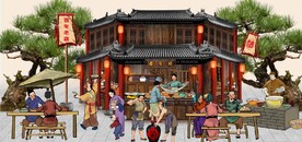 古代市井集市饭馆背景墙壁画