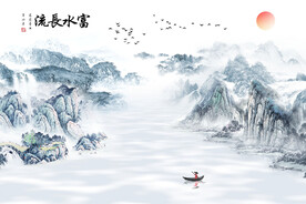 新中式富水长流意境山水电视背景