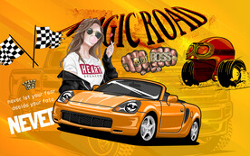 美女汽车背景壁画设计