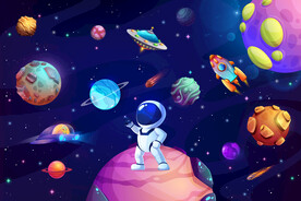 卡通宇航员立体太空火箭星球背景