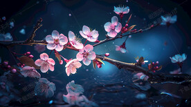 水面上的桃花枝