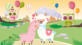 卡通羊驼儿童房背景墙