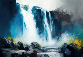 当代油画 山间流瀑