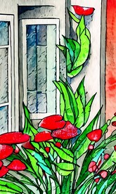 手绘水彩风格雨中城市景观建筑