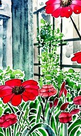 手绘水彩风格雨中城市景观建筑