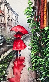 手绘水彩风格雨中城市景观建筑