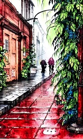 手绘水彩风格雨中城市景观建筑