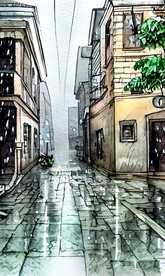 手绘水彩风格雨中城市景观建筑