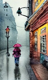 雨中城市 手绘 水彩 艺术绘画