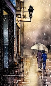 手绘水彩风格雨中城市景观建筑