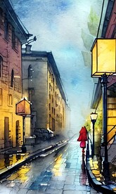 手绘水彩风格雨中城市景观建筑