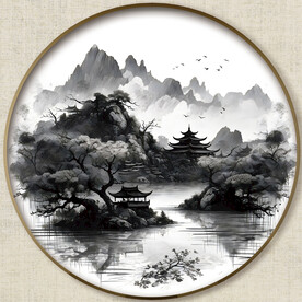 圆形水墨山水画