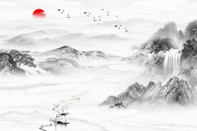 新中式一帆风顺山水意境背景墙