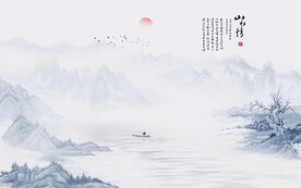 卧室床头水墨山水画背景墙