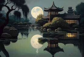 当代油画 园林月影