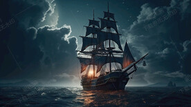 黑夜大海的帆船