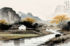 山村风情前卫水墨山水装饰画