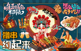 国潮撸串约起来烧烤工装背景墙