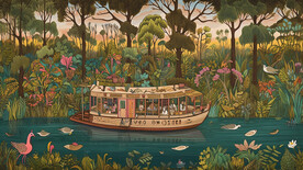 春天插画湖面上的游玩帆船