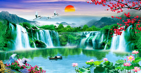 旭日东升瀑布山水画