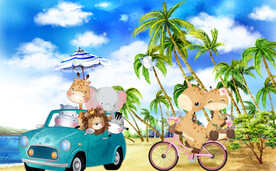 卡通沙滩动物背景墙