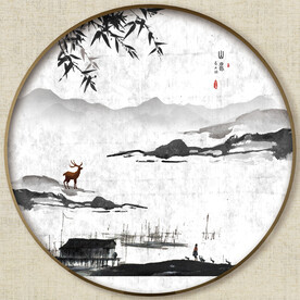 圆形水墨山水画