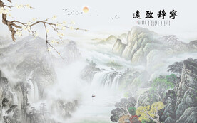 中式花鸟画宁静致远背景墙