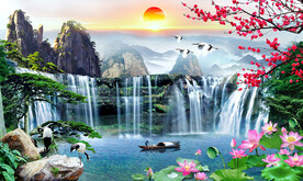 迎客松瀑布山水装饰画