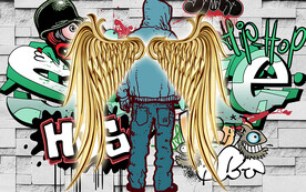 砖墙金色翅膀涂鸦电视背景墙