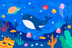 蓝色可爱海豚卡通热带鱼海底背景