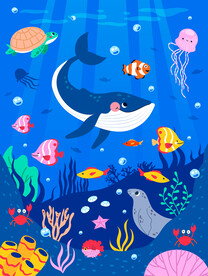 卡通海底世界可爱鲸鱼热带鱼背景