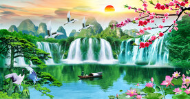 旭日东升瀑布山水画