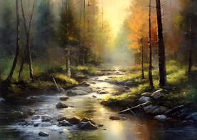 当代油画 林间溪流