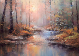 当代油画 林间溪流