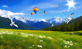 蓝天白云草地雪山