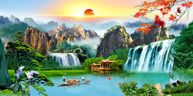 旭日东升瀑布山水画