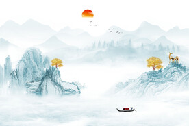 新中式蓝色山水情意境水墨背景墙